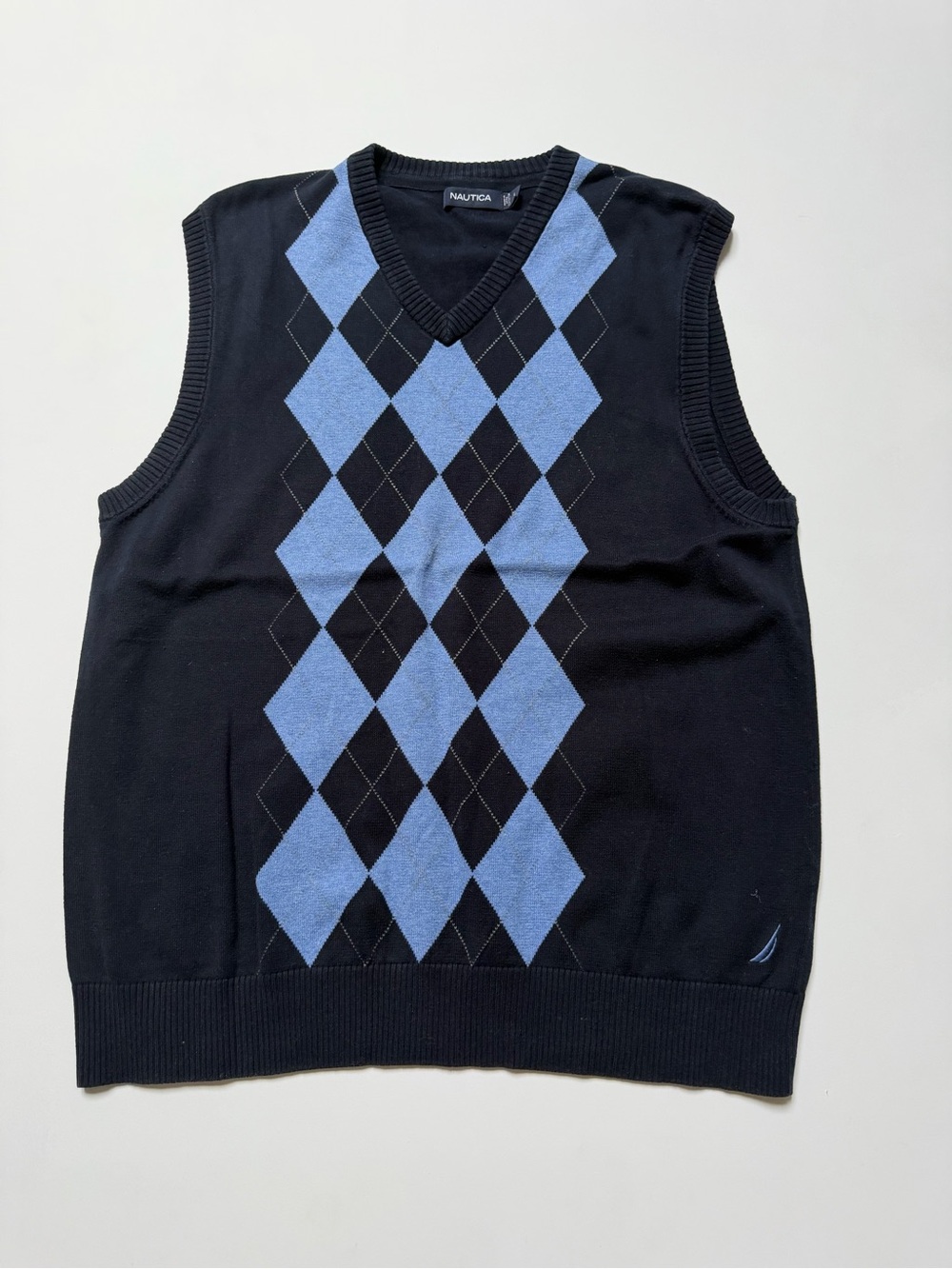 Nautica Black and Light Blue Argyle V-Neck Sweater Vest